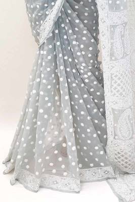 Grey embroidered georgette saree with blouse 3