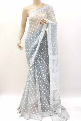Grey embroidered georgette saree with blouse 4
