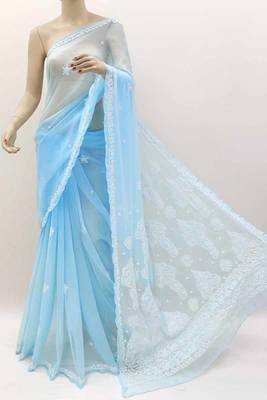 Blue embroidered georgette saree with blouse 1