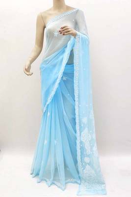 Blue embroidered georgette saree with blouse 3