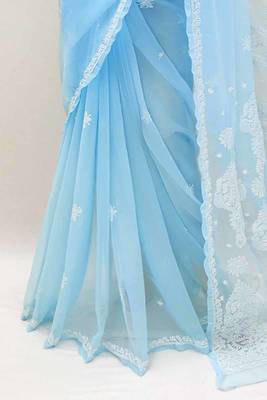 Blue embroidered georgette saree with blouse 4