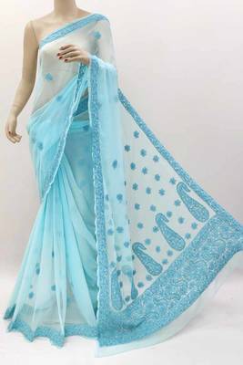 Blue embroidered georgette saree  1