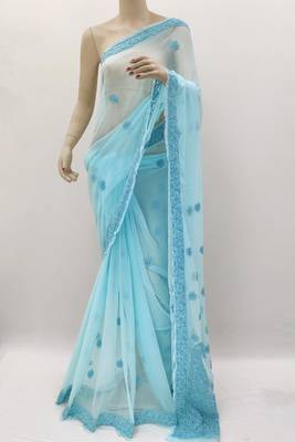 Blue embroidered georgette saree  3
