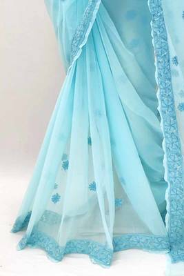 Blue embroidered georgette saree  4