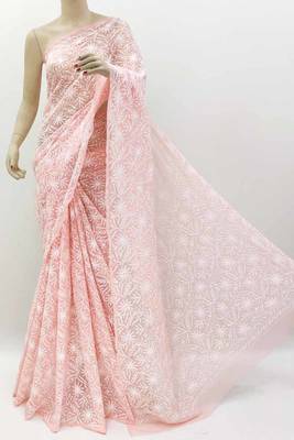 Peach embroidered georgette saree  1