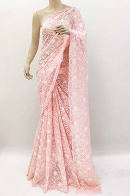 Peach embroidered georgette saree  4