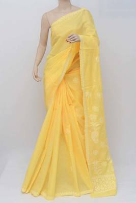 Yellow embroidered cotton saree with blouse 1