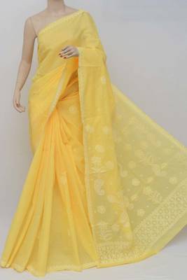 Yellow embroidered cotton saree with blouse 2