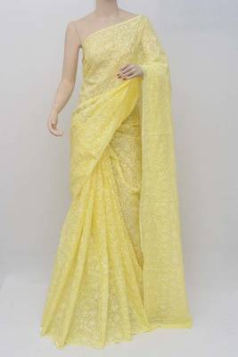 Yellow embroidered cotton saree with blouse 1