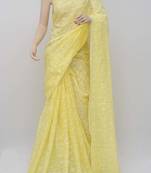 Yellow embroidered cotton saree with blouse