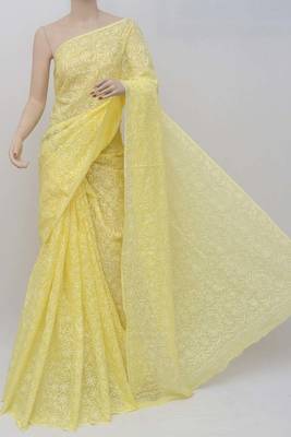Yellow embroidered cotton saree with blouse 2