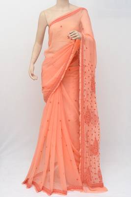 Dark peach embroidered georgette saree with blouse 1