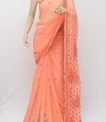 Dark peach embroidered georgette saree with blouse