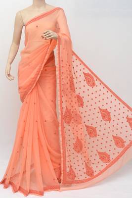Dark peach embroidered georgette saree with blouse 2