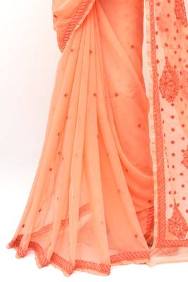 Dark peach embroidered georgette saree with blouse 4
