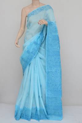 Blue embroidered cotton saree with blouse 1