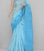 Blue embroidered cotton saree with blouse