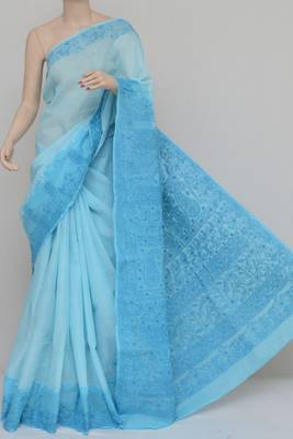 Blue embroidered cotton saree with blouse 2