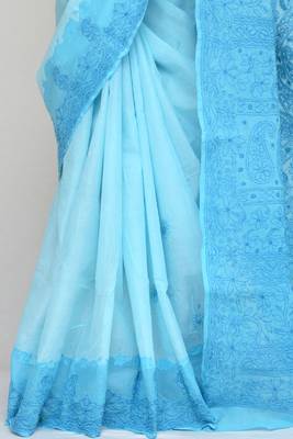 Blue embroidered cotton saree with blouse 4