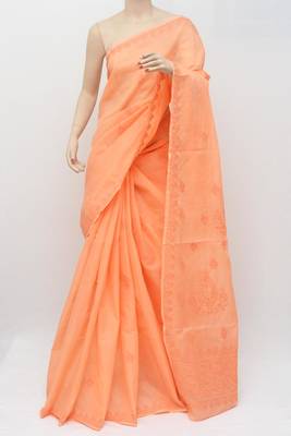 Orange embroidered cotton saree with blouse 1