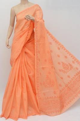 Orange embroidered cotton saree with blouse 2