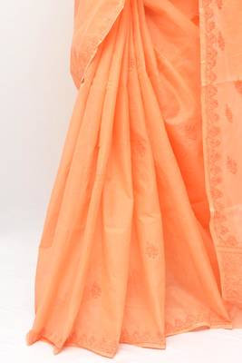 Orange embroidered cotton saree with blouse 4