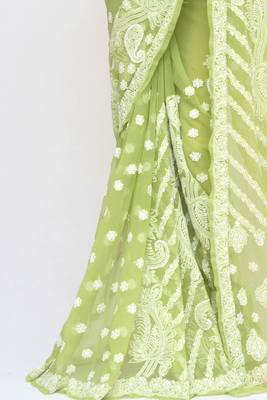 Green embroidered georgette saree with blouse 4