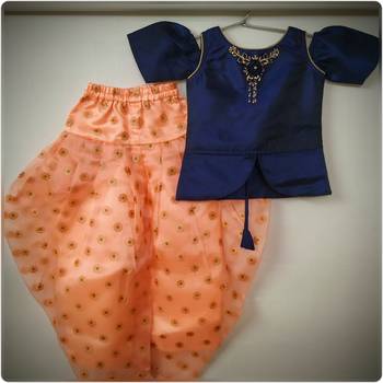 N.Blue/Orange - Off-Shoulder Pattern Top with Embossed Foil Organza Fabric Patiala & Dupatta Set for Girl Kids 2