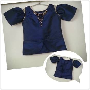 N.Blue/Orange - Off-Shoulder Pattern Top with Embossed Foil Organza Fabric Patiala & Dupatta Set for Girl Kids 3