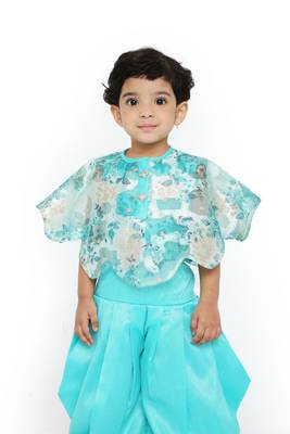 Sea Green - Jari weaved Brasso Fabric Poncho with Choli & Patiala Set for Girl Kids 4
