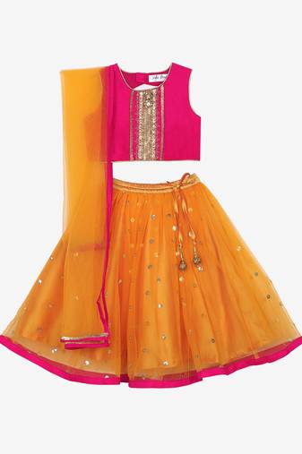 Saka Designs Neon Pink & Orange Lehenga Choli With Sequenced Work