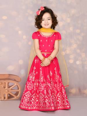 Hot Pink Viscose Rayon Silver Embroidered Lehenga Choli for Kids 1