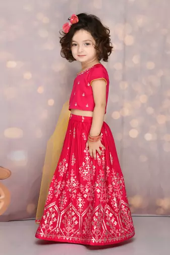 Hot Pink Viscose Rayon Silver Embroidered Lehenga Choli for Kids