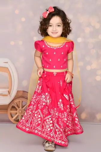 Hot Pink Viscose Rayon Silver Embroidered Lehenga Choli for Kids