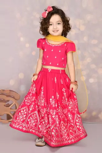 Hot Pink Viscose Rayon Silver Embroidered Lehenga Choli for Kids