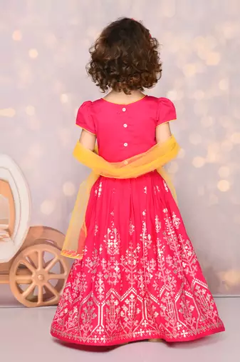 Hot Pink Viscose Rayon Silver Embroidered Lehenga Choli for Kids