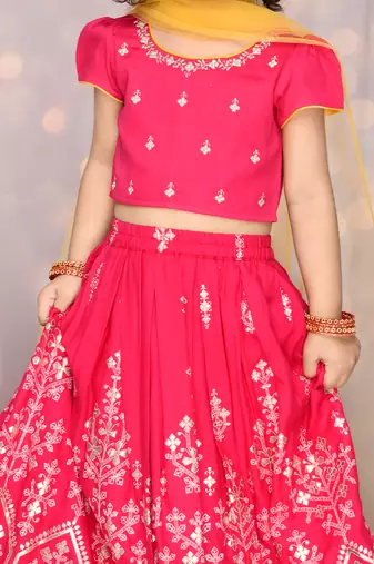 Hot Pink Viscose Rayon Silver Embroidered Lehenga Choli for Kids