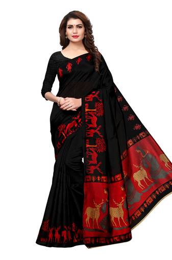 Black Printed Art Silk Saree With Blouse