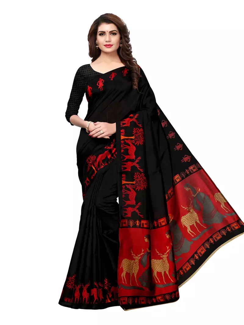 Black Printed Art Silk Saree With Blouse