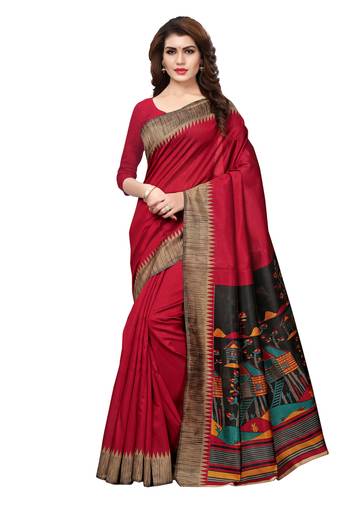 Maroon Printed Art Silk Saree With Blouse