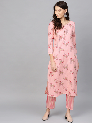Pink printed cotton pant-kurta 1