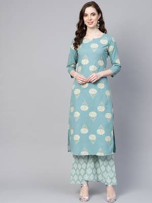 Blue printed cotton palazzo-kurta 1
