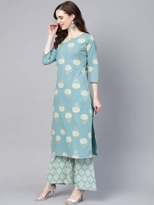 Blue printed cotton palazzo-kurta 2
