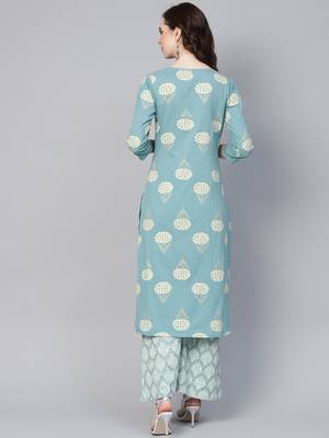 Blue printed cotton palazzo-kurta 3