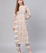 Beige printed cotton kurti-trouser