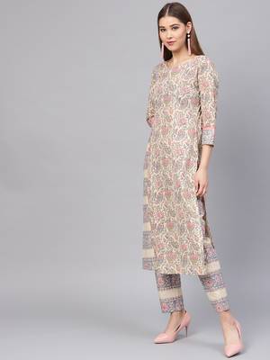 Beige printed cotton kurti-trouser 2