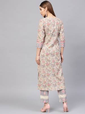 Beige printed cotton kurti-trouser 3