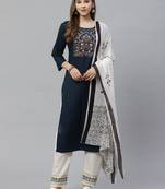 Navy-blue embroidered cotton kurta-sets