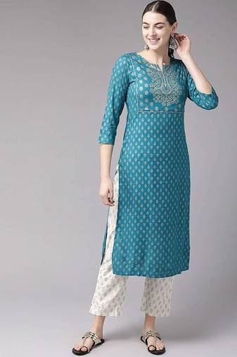Teal-blue printed cotton kurti-trouser