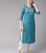 Teal-blue printed cotton kurti-trouser